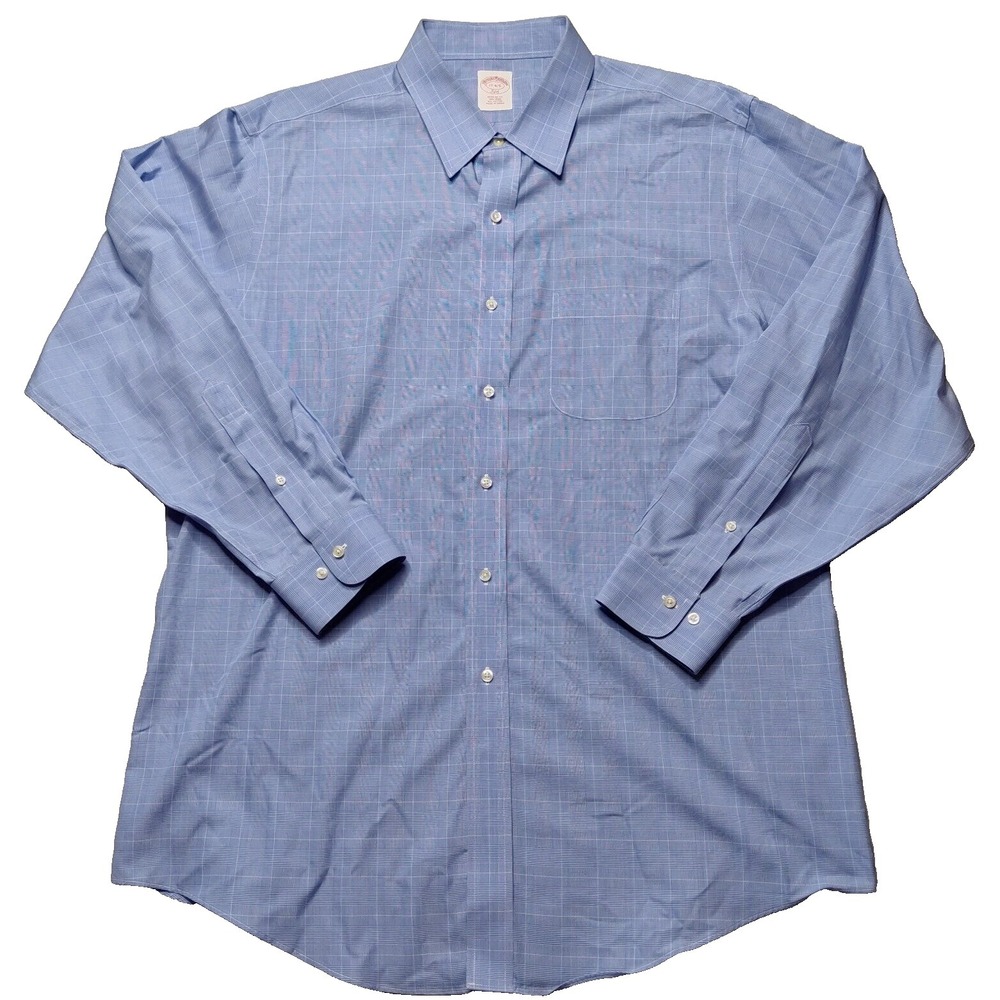 BROOK BROTHERS 346 Men 17-4/5 Regular Fit Non Iron All Cotton Blue Check Shirt